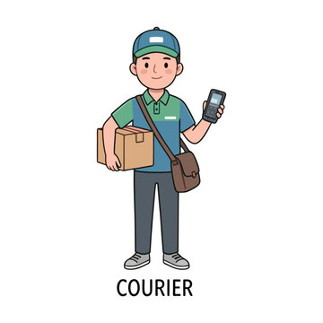 Delivery courier carrying a package parcel and smartphone vector illustration