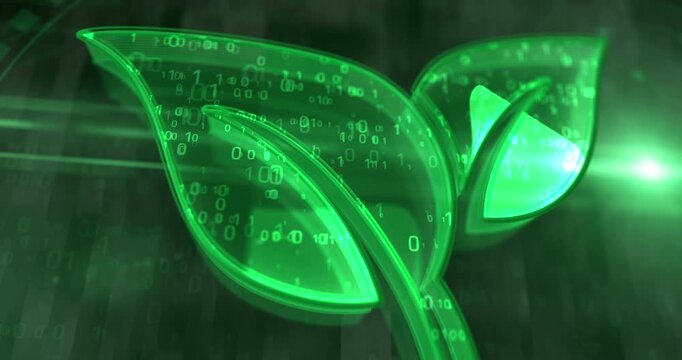 Abstract Glowing Green Digital Leaves Logo Design Featuring Binary Data and Futuristic Nature Technology Concept