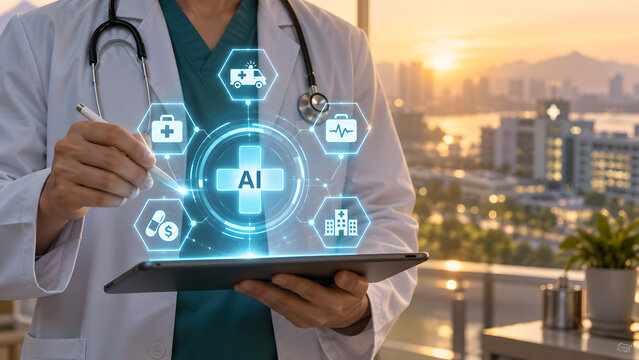 Doctor Holding Tablet with Holographic AI and Medical Icons, Artificial Intelligence in Healthcare, Digital Health and Medical Technology Innovation