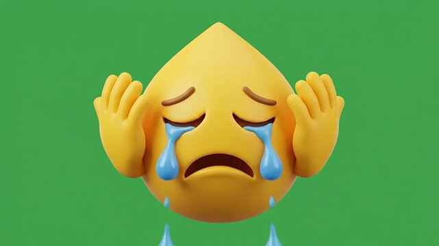 Yellow 3d emoticon crying with blue tears set on green screen