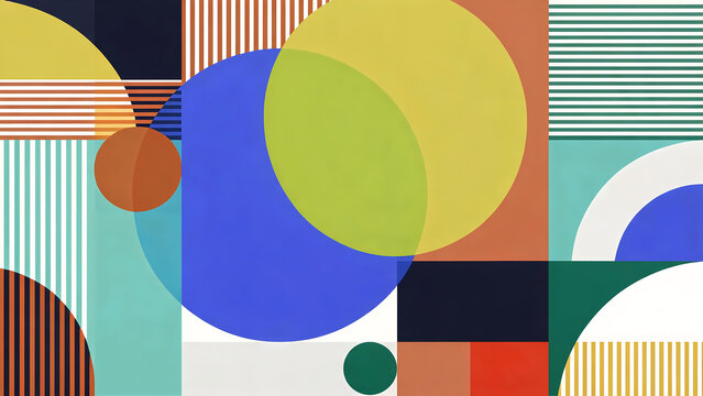 Colorful abstract geometric pattern with overlapping circles, rectangles and stripes for modern design use