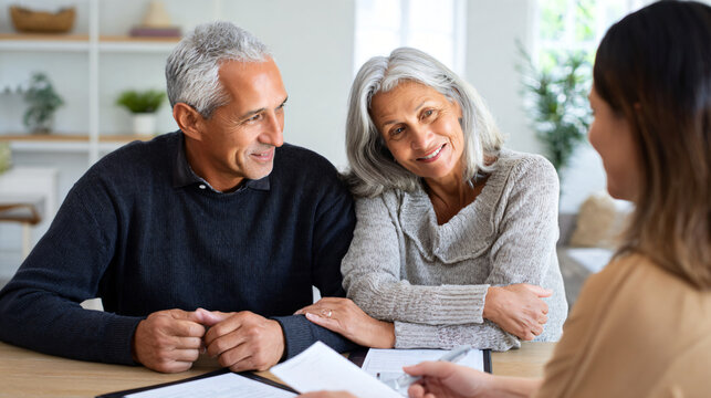 mature couple meeting with a financial advisor to discuss long-term care planning, professional consultation room, natural expressions, documents without readable text,