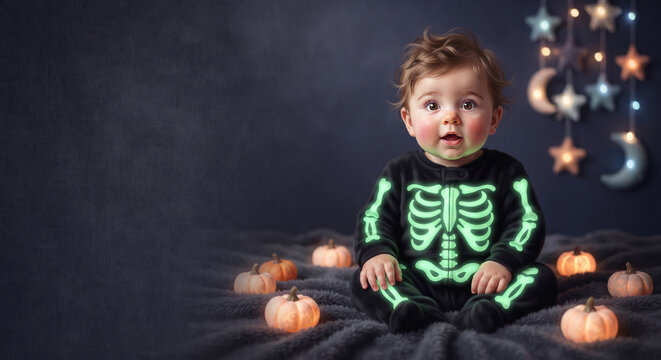 Cute baby wearing a glowing skeleton bodysuit surrounded by illuminated mini pumpkins