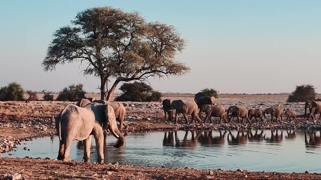 Elephants Drinking at Waterhole in Etosha National Park Namibia