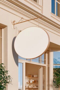 Blank circular shop sign hanging on decorative bracket against cream building facade with large windows and greenery