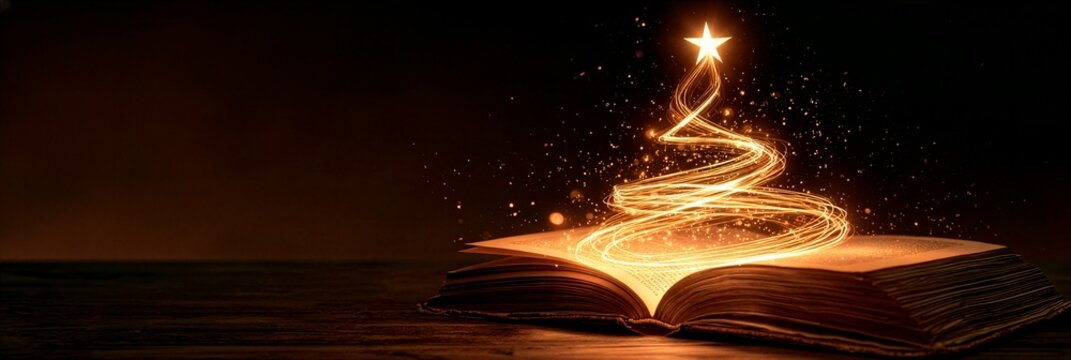 Glowing light trail forming a christmas tree shape rising from an open book
