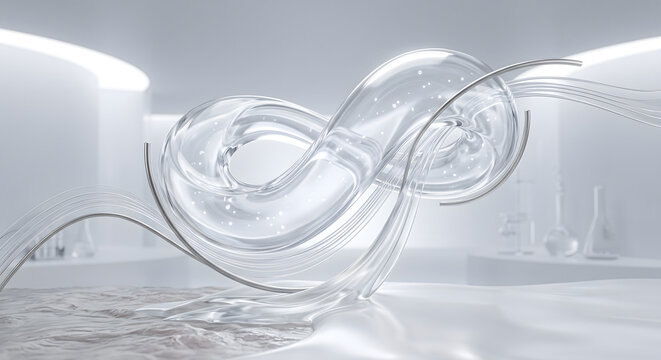 Abstract 3D transparent liquid serum ribbon loop flowing on white surface in laboratory