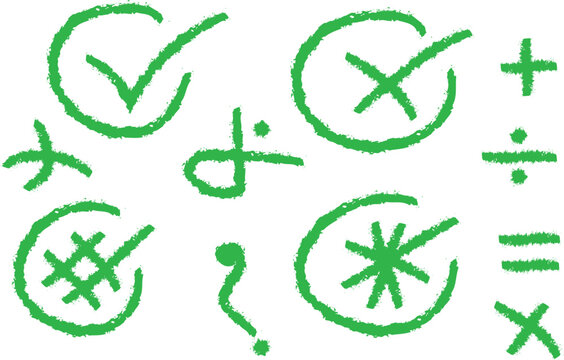 Green hand drawn mathematical symbols and checkmarks on a white background