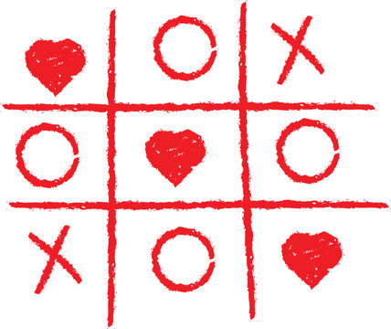 Red tic tac toe board with hearts circles and x marks on a white background
