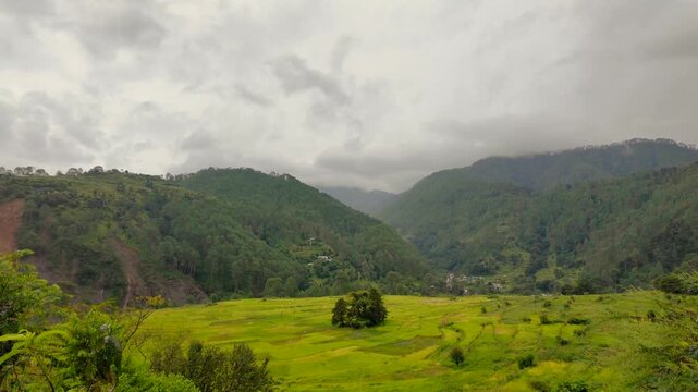 Flat Green Farmland Surrounded by Forested Himalayan Mountains Under Monsoon Clouds