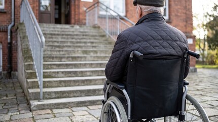Obraz premium Elderly man in a wheelchair facing inaccessible stairs without a ramp at a public building entrance, highlighting accessibility barriers, disability inclusion, equal access and social inequality
