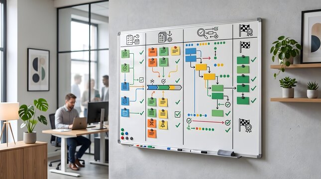 Project management whiteboard with sticky notes and flowcharts in office