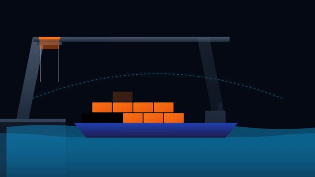 Maritime Logistics Vessel and Port Crane Cargo Loading Operation Animation