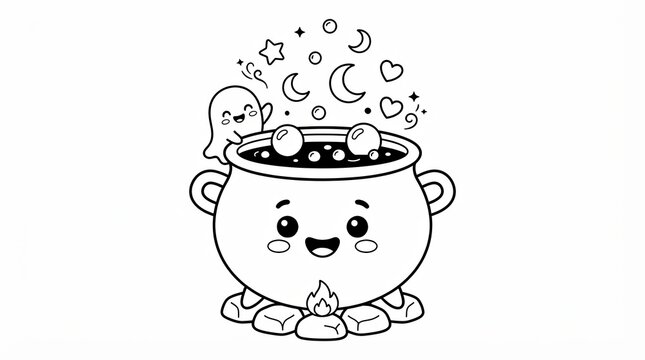 Cute cartoon witch cauldron with a happy little ghost for halloween