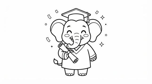 Cute cartoon elephant graduate wearing a cap and holding a diploma