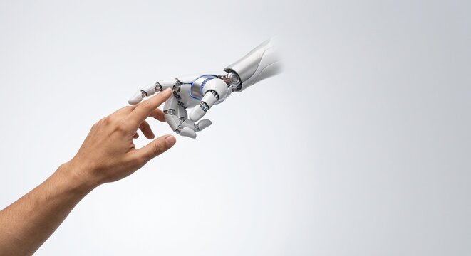 Human hand touching robotic hand symbolizing AI collaboration artificial intelligence and technological innovation on white background