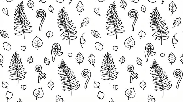 Seamless pattern with hand drawn black and white fern leaves and foliage