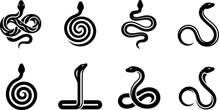 Minimalist snake vector icons and serpent logo set with spiral cobra silhouette symbols for modern branding