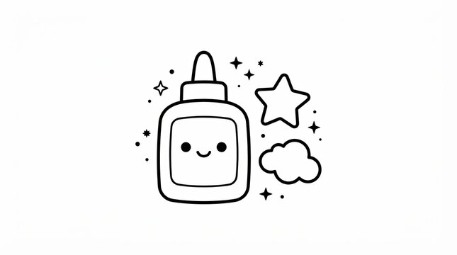 Cute cartoon glue bottle with star and cloud icon on white background