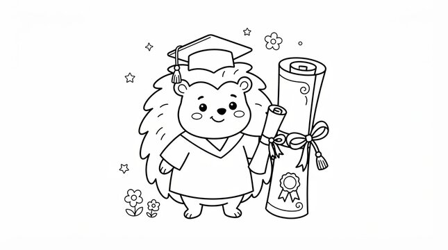Cute cartoon hedgehog student wearing a graduation cap and holding diploma