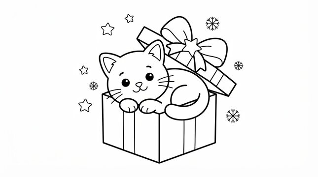 Cute little cat sitting inside a christmas gift box line art drawing