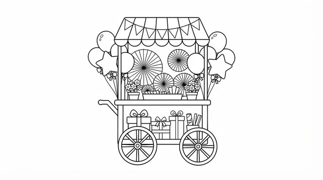 Party cart with balloons and gift boxes line art illustration