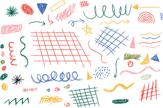 Colorful hand drawn geometric shapes and lines on a white background