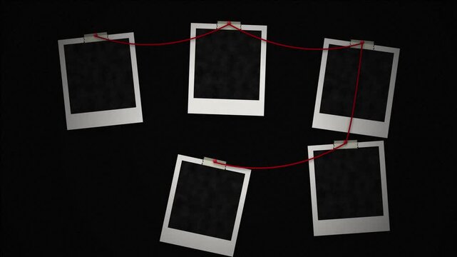 Mystery Detective Board Featuring Blank Instant Photos Connected by Red String in Dark Studio