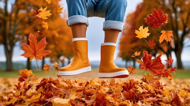 Child feet in orange rubber boots jumping into autumn leaves pile