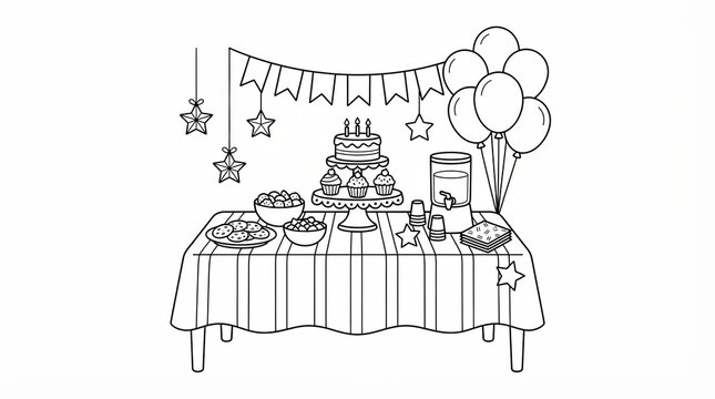 Birthday party table with cake balloons and food coloring page