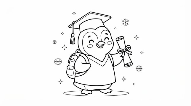 Cute cartoon penguin graduate with a diploma isolated for coloring page