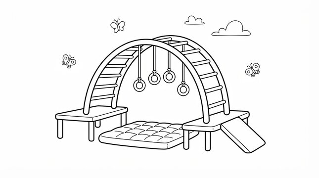Kids playground gym with climbing arch and hanging rings for exercise