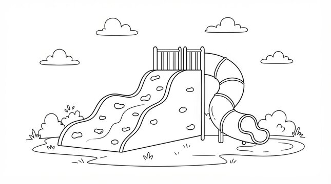 Black and white line drawing of a playground slide in a park