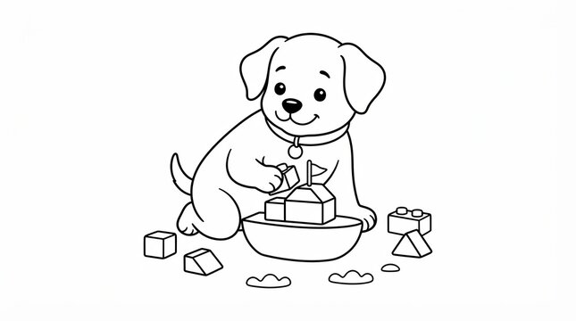 Cute puppy dog playing with colorful building blocks isolated on white