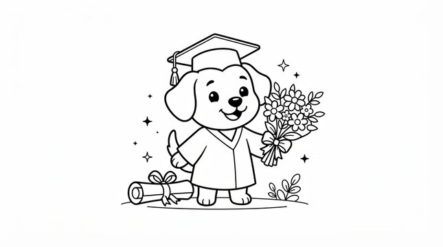 Cute puppy wearing a graduation cap and holding a bouquet of flowers