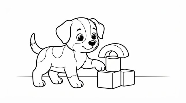 Cute cartoon puppy dog playing with building blocks coloring page
