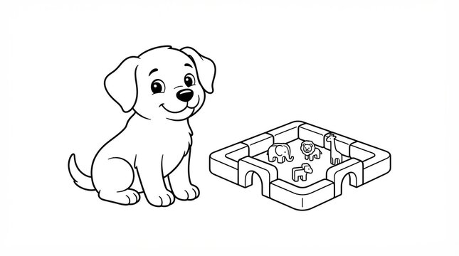 Cute puppy sitting near a small toy zoo enclosure for coloring page