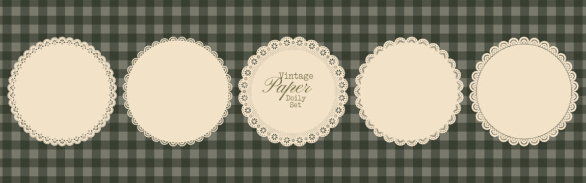 Vintage round lace doily frame set with scalloped paper borders and floral cutwork edges. Blank lace templates for wedding invitations, cottagecore designs. Vector whimsy silhouettes, squiggle shapes.