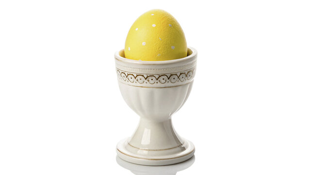 Single yellow easter egg in white ceramic cup isolated on transparent background
