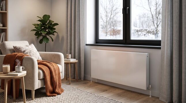 Modern wall mounted radiator warming a cozy living room beside a snowy window, representing winter heating, household warmth, energy consumption and residential comfort