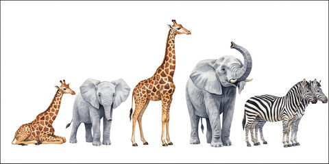 Fototapeta premium Watercolor illustration of various african safari animals including giraffes elephants and a zebra on white background