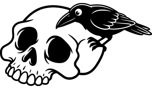 Black and white cartoon crow sitting on skull side view gothic vector