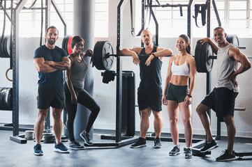 Portrait, group and people in gym for fitness, smile and confidence for wellness or about us....