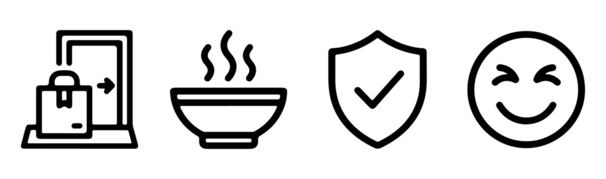 Ecommerce delivery icon set with package, food, security, satisfaction, customer service, shopping and trust symbols