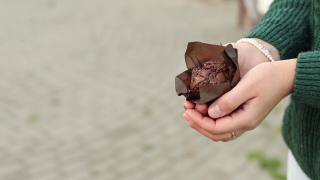 Close up of female hands holding chocolate cupcake in paper wrapper. Chocolate pieces and creamy filling emphasize indulgent dessert appeal.