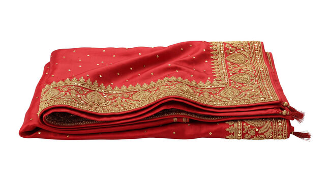 Traditional red silk saree with gold embroidery, elegant folded Indian bridal sari, luxury ethnic wedding garment with ornate zari border