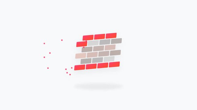 Isometric Cybersecurity Firewall Icon with Deflecting Red Data Packets and Glowing Brick Pulse