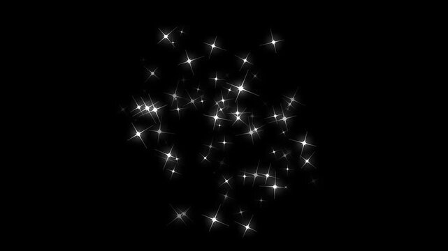 White glowing twinkle stars animation with sparkling glitter dust trail, blinking retro vector star doodles, white glitter sparkles trail, glowing pixie dust burst on black screen. 4k