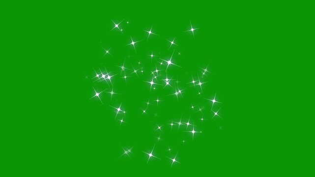 White twinkling star particles, fairy dust wand glitter stars, bokeh light burst, white twinkling star particles, twinkling stars with glitter burst effect on green background. 4k video