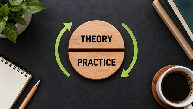 Theory and Practice Learning Cycle Concept with Wooden Circular Sign and Green Arrows on Dark Office Desk Continuous Improvement Knowledge Application Training Education and Professional Development